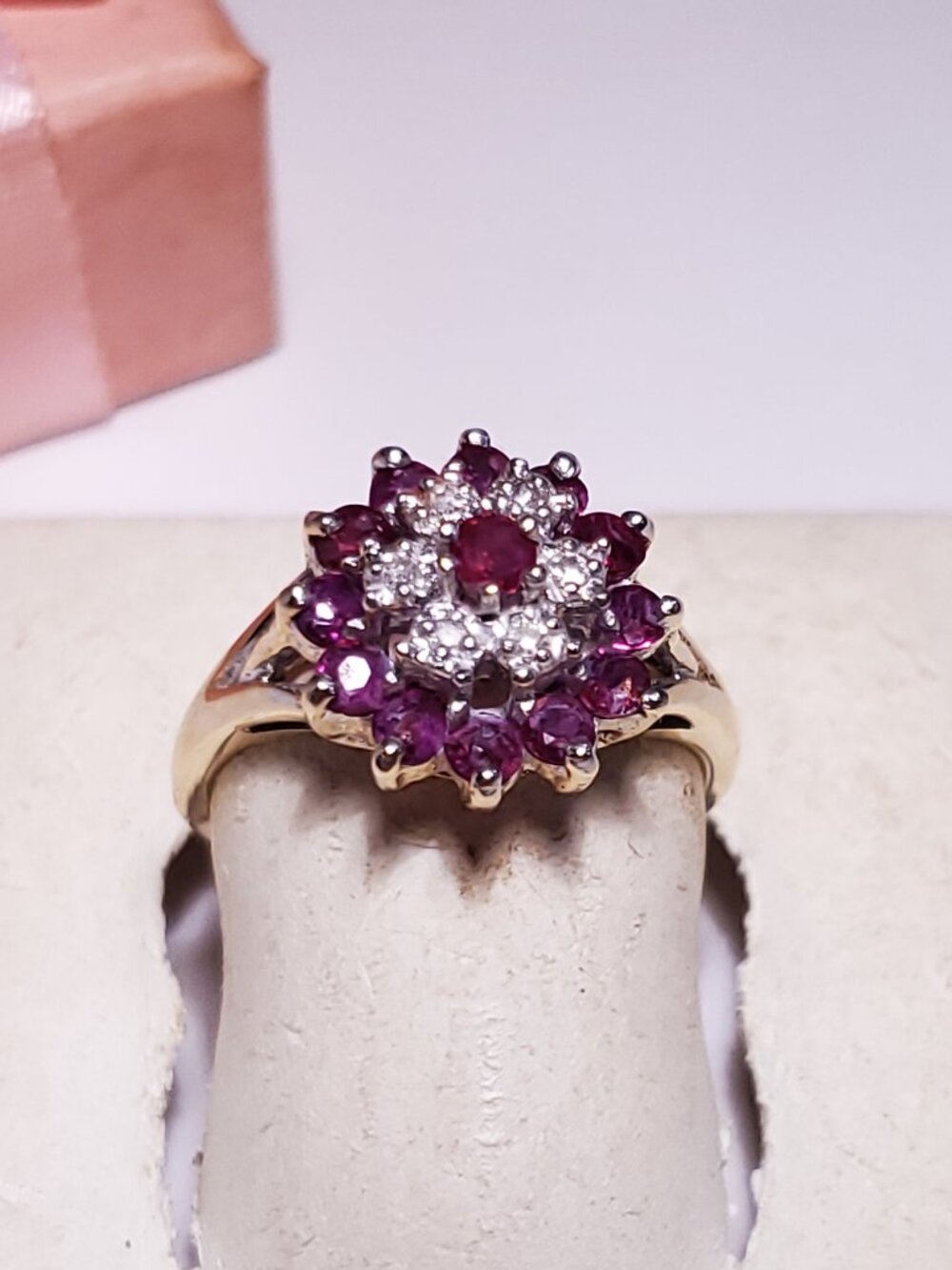 Estate .90ctw Natural Round Ruby & Diamond Flower Top 10Kt Yellow Gold Ring24323